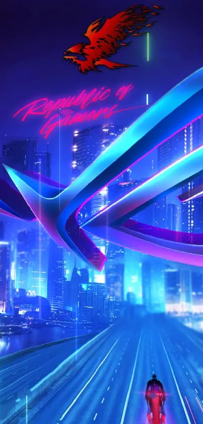 Futuristic neon city skyline with vibrant colors and tech aesthetics.