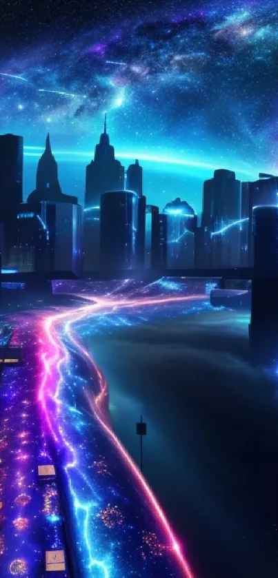 Futuristic cityscape with neon lights and a starry sky.