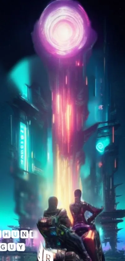 Futuristic city skyline with neon lights and sci-fi theme.