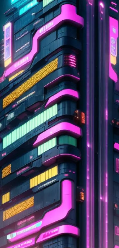 Futuristic skyscraper glowing with neon lights in a cyberpunk cityscape.