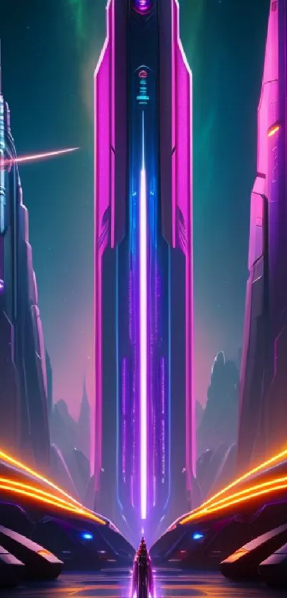 Futuristic neon cityscape wallpaper with towering skyscrapers and vibrant colors.