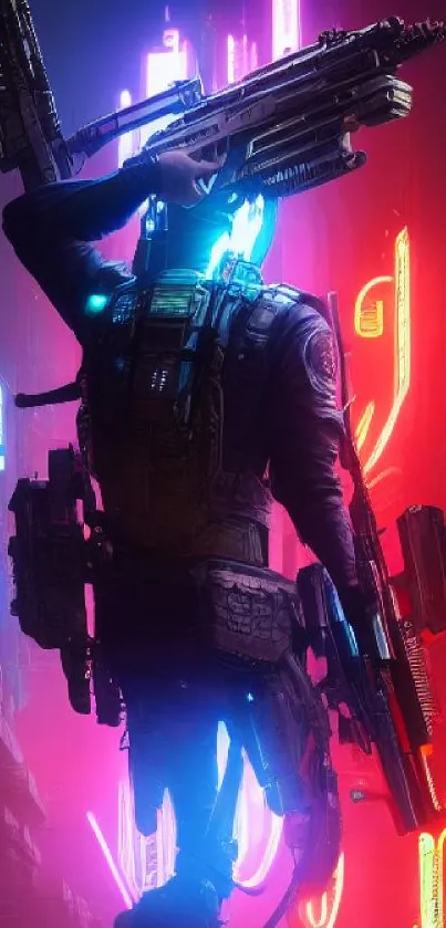 Futuristic soldier in neon cityscape, perfect for mobile wallpaper.