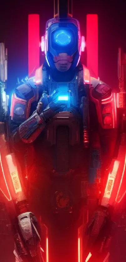 Futuristic neon soldier with red and blue lights, perfect for sci-fi fans.