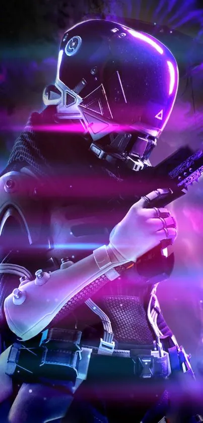 Futuristic neon soldier with purple glow.