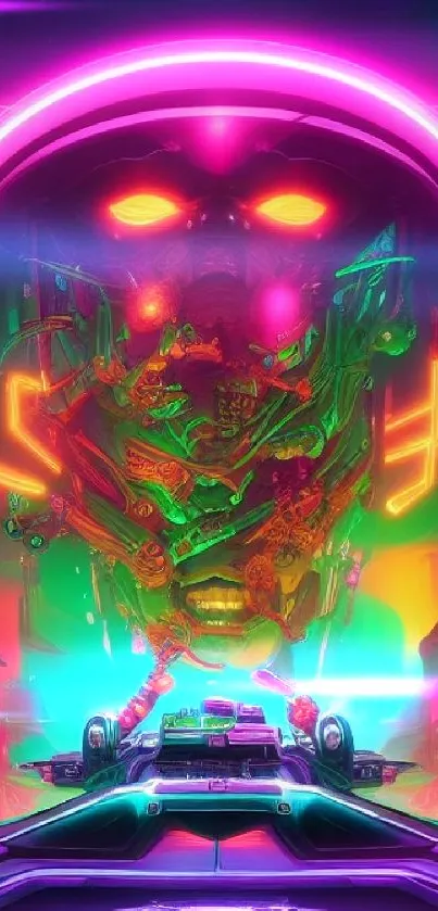 Neon futuristic space scene with mechanical face art.