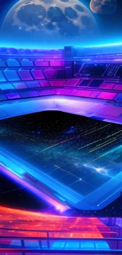 Futuristic neon arena with celestial space view.