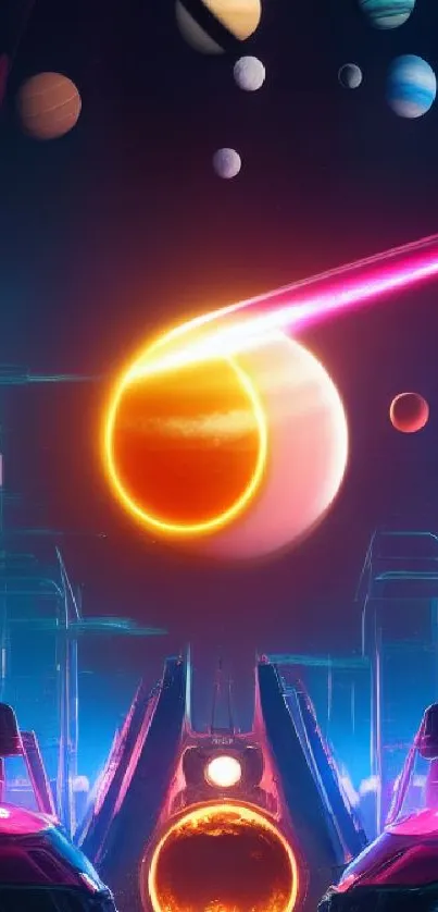 Futuristic neon space art with planets and cosmic elements.