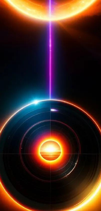 Futuristic neon space design in orange and dark colors for mobile wallpaper.