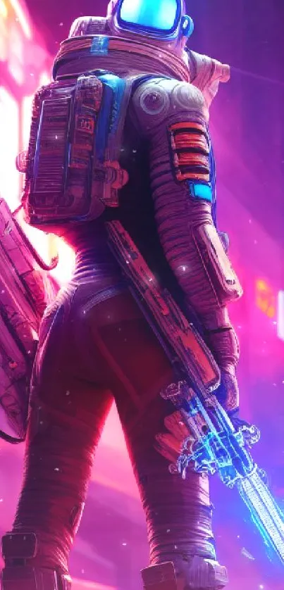 Futuristic neon space explorer in a vibrant setting.