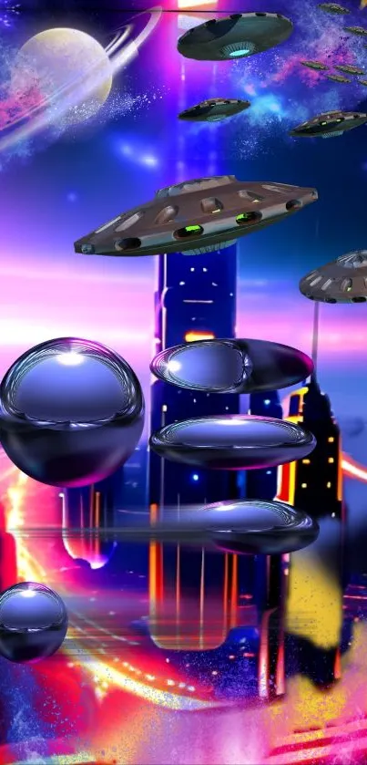 Futuristic neon space wallpaper featuring UFOs and a cityscape.