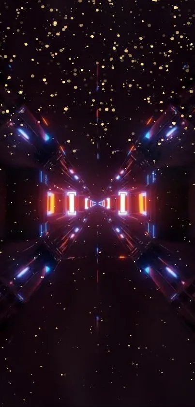 Futuristic neon space tunnel with glowing abstract lights.