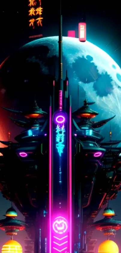 Futuristic neon space wallpaper with glowing moon backdrop.