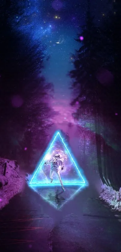 Futuristic neon space wallpaper with an astronaut and glowing geometric shapes.