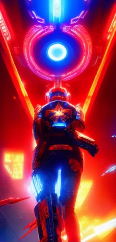 Futuristic neon space warrior with vivid red and blue lights in a digital artwork.