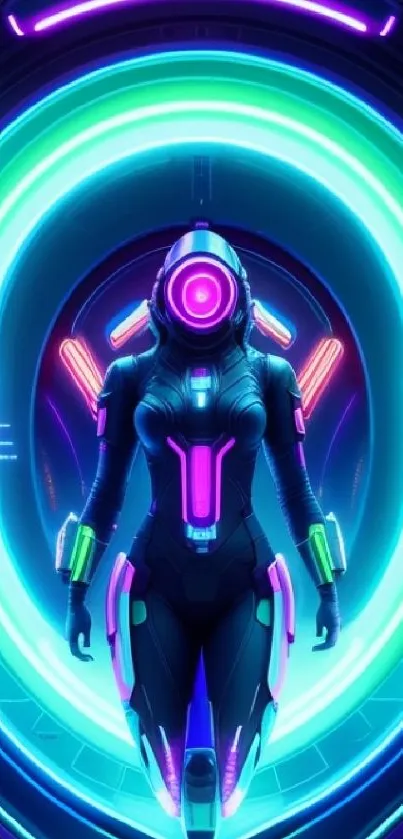 Futuristic neon warrior in cyan hues.