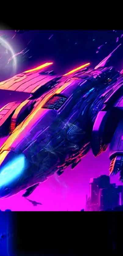 Colorful neon spaceship in space with purple background.