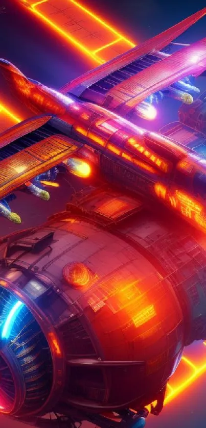 Futuristic neon spaceship soaring through vibrant space scene.