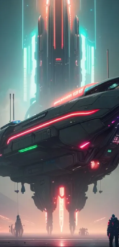 Futuristic neon spaceship hovering in city skyline with vibrant colors.