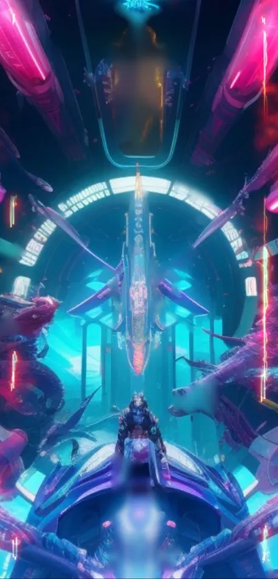 Futuristic neon spaceship in a vibrant sci-fi setting with colorful lights.