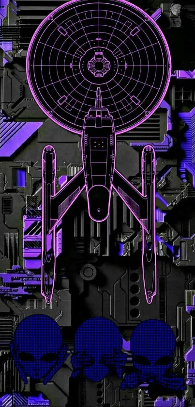 Futuristic neon spaceship on tech background.