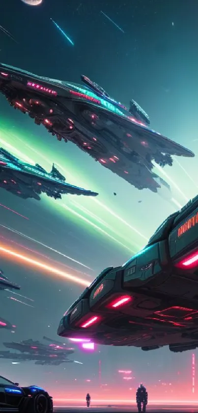 Futuristic neon spaceship fleet against a vibrant galaxy sky.