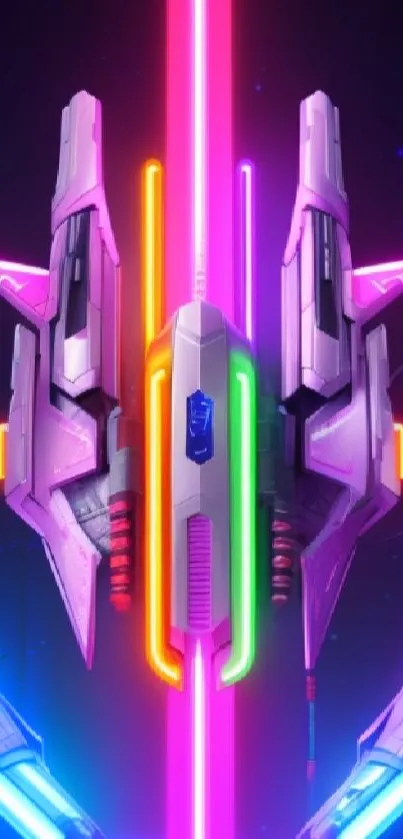 Futuristic neon spaceship with colorful lights glowing in the darkness.