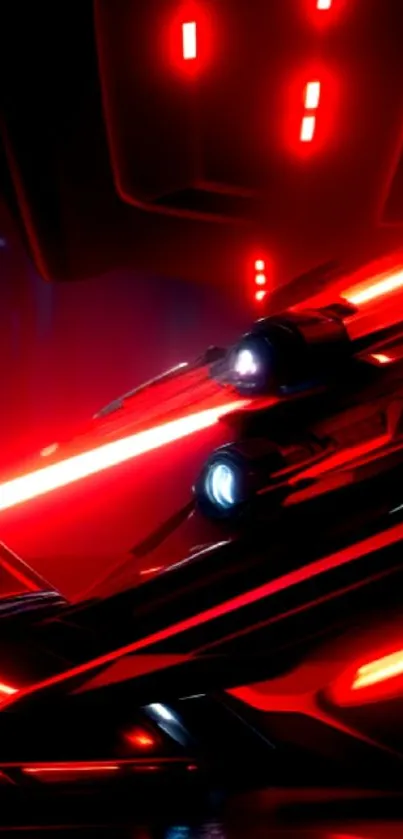 Futuristic neon spaceship with vivid red lighting effects.