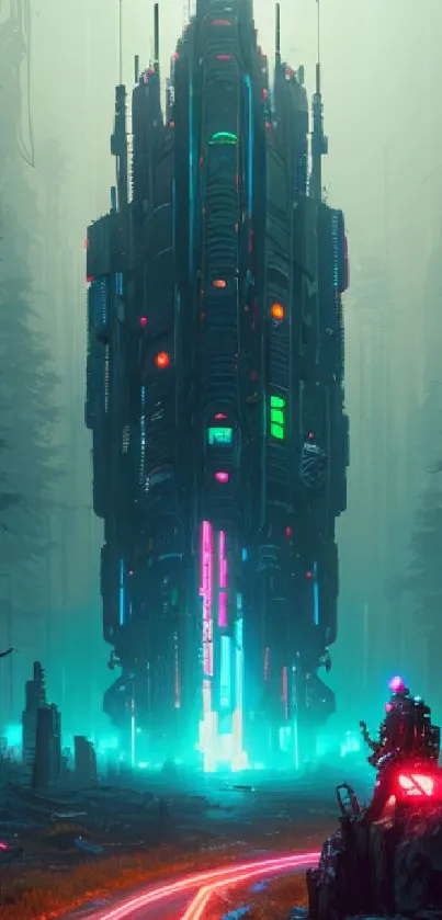 Futuristic spaceship hovering in neon-lit forest with vibrant light trails.