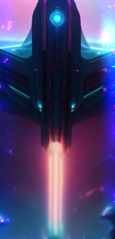 Futuristic neon spaceship glowing in vibrant colors.