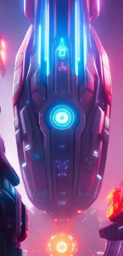 Futuristic neon spaceship in a vibrant digital cityscape.