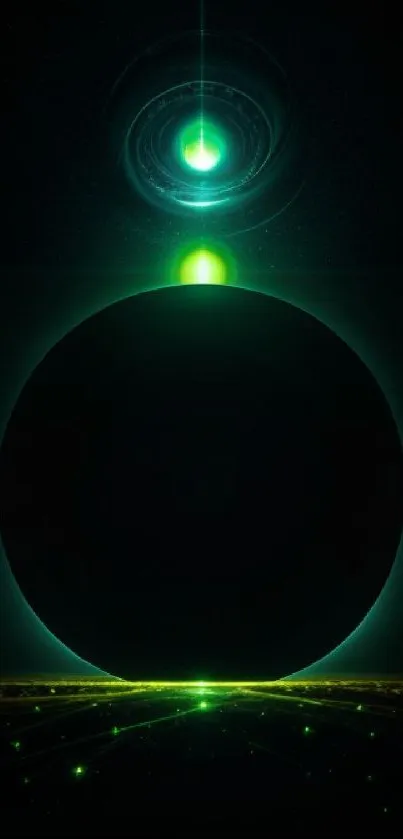 Futuristic neon green sphere with cosmic glow on mobile wallpaper.