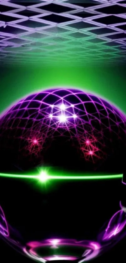 Futuristic neon sphere with purple and green glow.