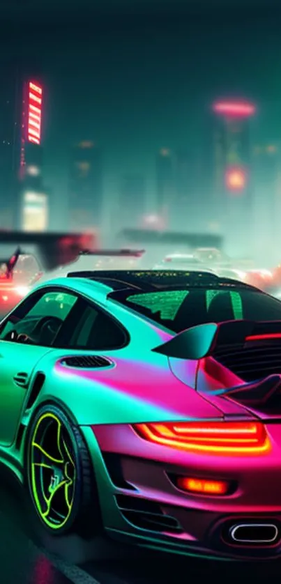 Futuristic sports car with neon lights in a cityscape.