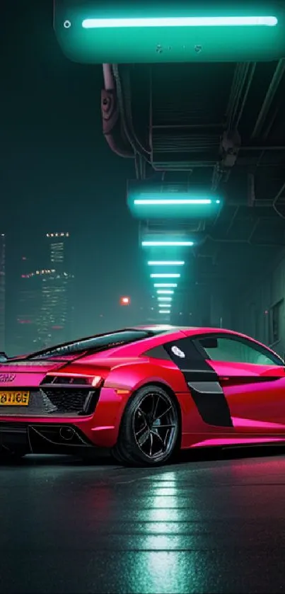 Futuristic neon sports car on city street with vibrant lights.