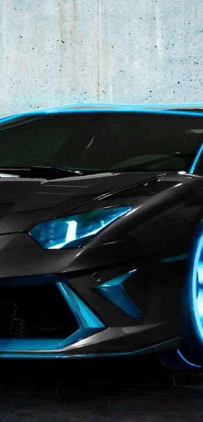Futuristic sports car with neon blue lighting.