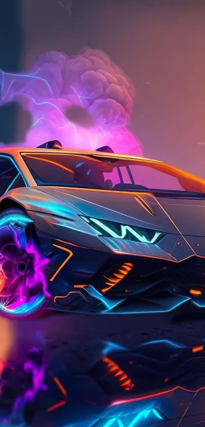 Futuristic sports car with neon lights and vibrant design wallpaper.