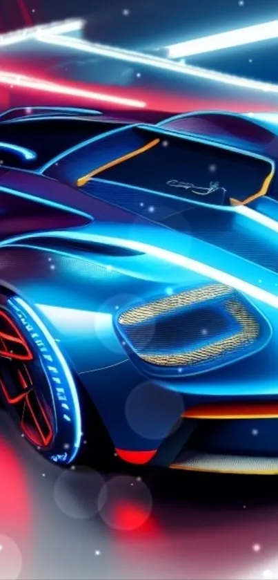 Futuristic neon sports car with vibrant blue and red accents.