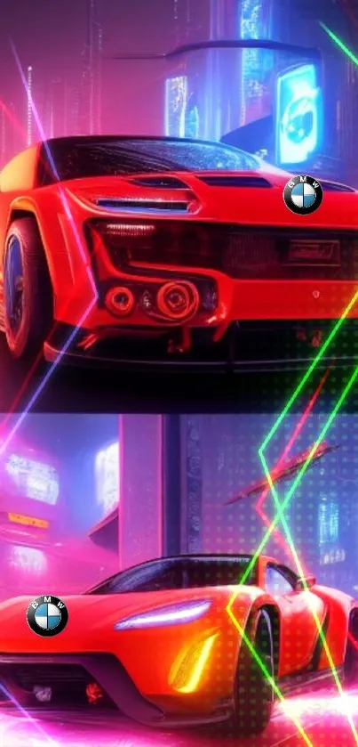 Futuristic red sports car with neon lights in an urban setting.