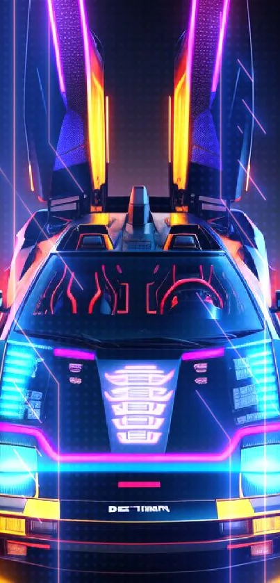Futuristic sports car with neon lights in cyberpunk style.