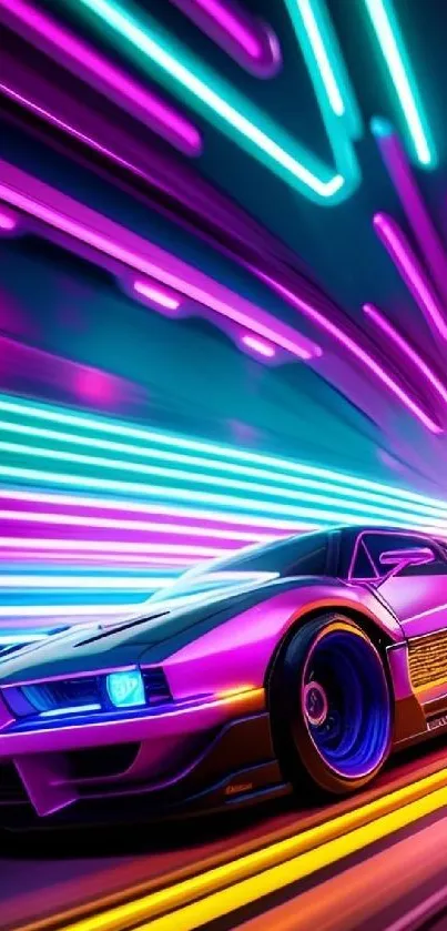 Sleek sports car in neon tunnel design wallpaper.