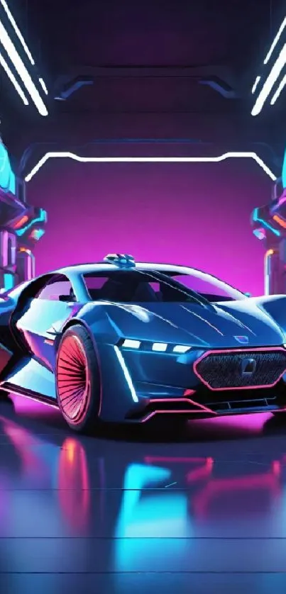 Futuristic car in neon-lit tunnel with vibrant colors.