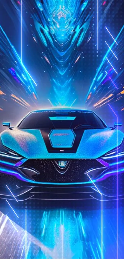 Futuristic blue sports car with neon light streaks on road.