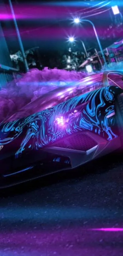 Futuristic sports car with neon lights in vibrant purple and blue colors.