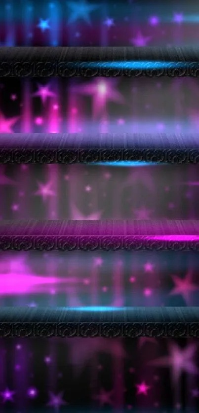 Mobile wallpaper with neon purple stars and dark shelves.