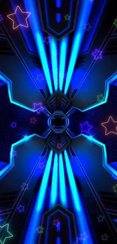 Futuristic neon star wallpaper with vibrant blue patterns and glowing geometric shapes.