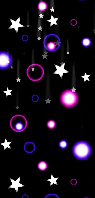 Bright neon stars and circles on a black background for mobile wallpaper.