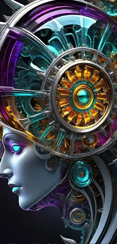Futuristic steampunk artwork with mechanical gears.
