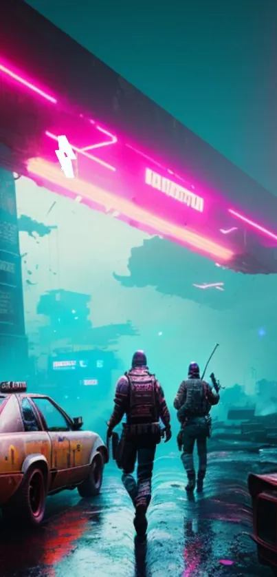 Two figures walk a neon-lit street in a futuristic city, vibrant with pink and teal hues.