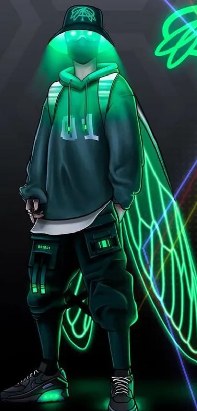 Futuristic neon character with glowing elements and street fashion.