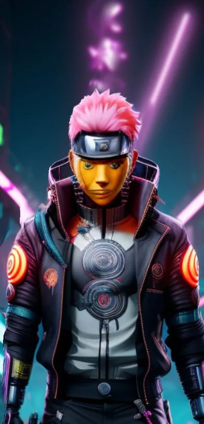 Futuristic character in neon-lit cyberpunk cityscape wallpaper.